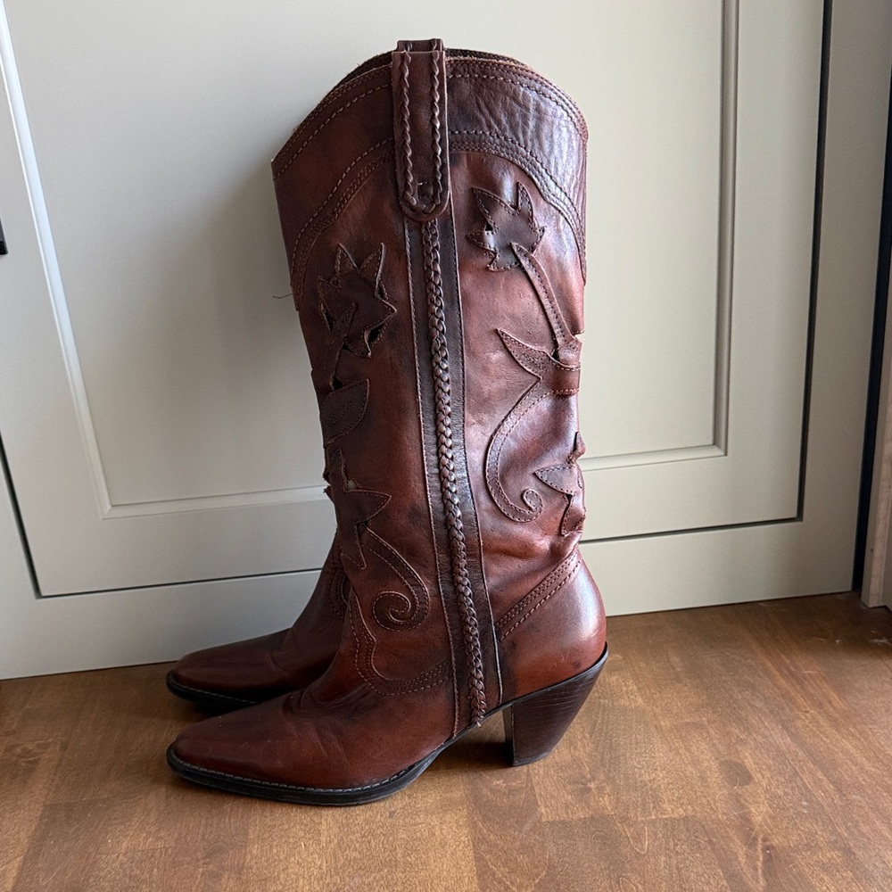 Carlos Santana Brown Leather Cowboy Western Cut Out Braids Boots 7.5 M Santa Fe